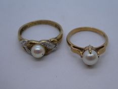 Two 9ct yellow gold dress rings each set with a pearl, the largest size T, gross weight approx 5g