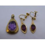 9ct amethyst set pendant and pair of 9ct clip on amethyst earrings, both marked 9ct, gross weight ap