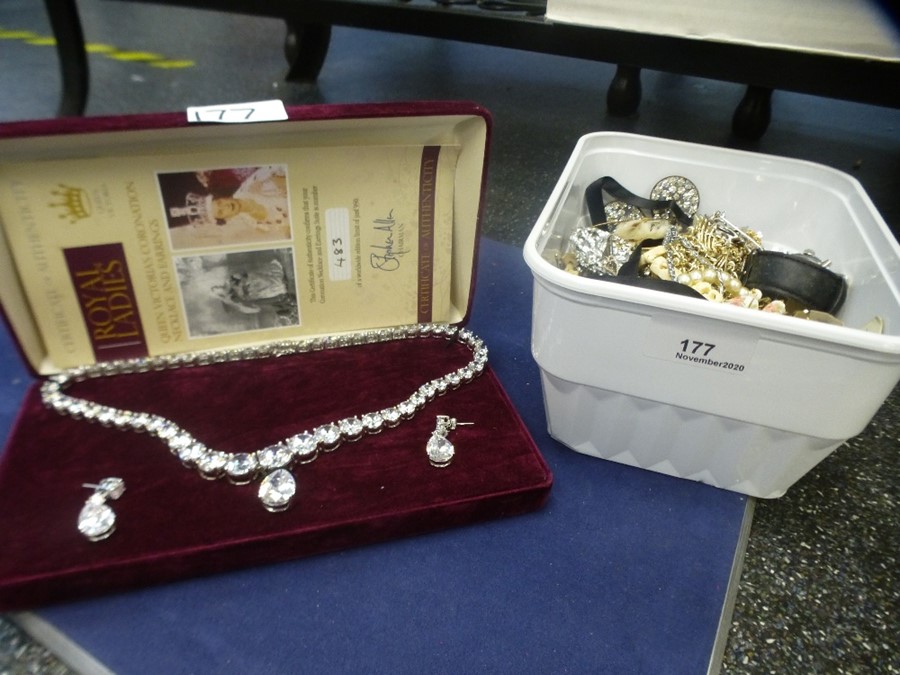 Box costume jewellery including brooches, watches, cased replica Coronation necklace, etc