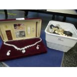 Box costume jewellery including brooches, watches, cased replica Coronation necklace, etc