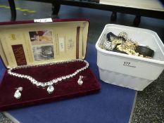 Box costume jewellery including brooches, watches, cased replica Coronation necklace, etc