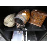 A pitch pine miniature chest of drawers, a large nut and a small barrel on stand