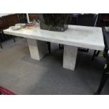 A modern marble style oblong dining table and a set of six beech chairs, table 180cms