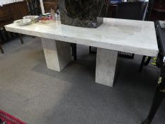A modern marble style oblong dining table and a set of six beech chairs, table 180cms
