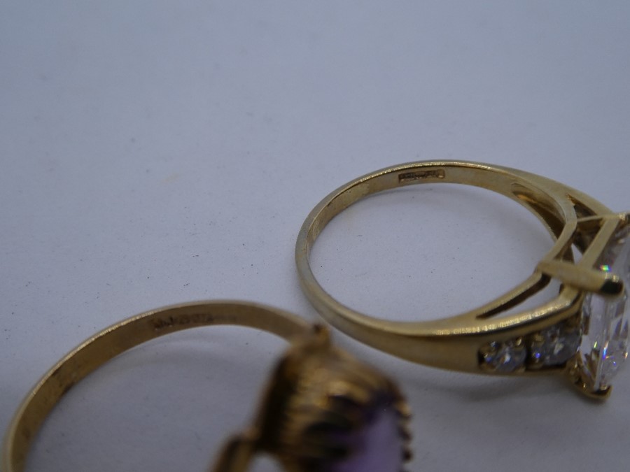 Two contemporary 9ct yellow gold dress rings, one set with an amethyst, size Q, gross weight approx - Image 2 of 3