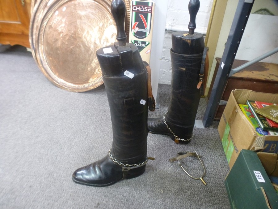 A pair of old black leather riding boots with stretchers and a Cricket bat with two signatures - Image 2 of 4