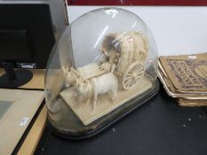 An antique glass dome and base, the interior having model of Ox and cart, 52 cms