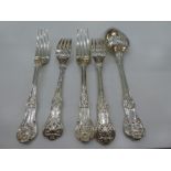 Four heavy silver forks and one silver serving spoon.  Forks hallmarked London & Exeter, possibly Ge