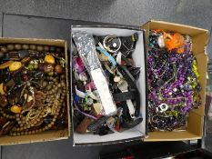 Two boxes of bead necklaces and box of fashion watches