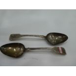 Two Georgian silver serving spoons hallmarked London 1828, Eden Winkle, AF, damage to shape of spoon