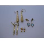 Collection of 9ct yellow gold and unmarked earrings including pair of drop earrings set with a pale