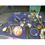 Small crate of costume jewellery, including watches, Parker pens, white metal elephant brooch, etc