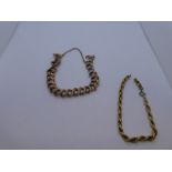 Two 9ct yellow gold bracelets, both AF, one marked 9K, with safety chain, 12.1g