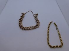 Two 9ct yellow gold bracelets, both AF, one marked 9K, with safety chain, 12.1g