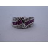 Modern 9ct white gold ruby and diamond crossover ring, marked 375, size Q/P