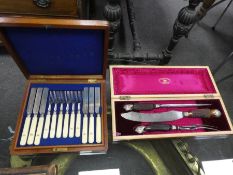 A Victorian horn handled carving set by Lockwood Brothers, Sheffield, and a set o twelve bone handle