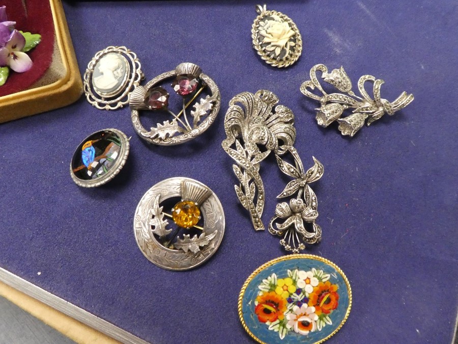 Two Scottish silver circular brooches, oriental example, etc and case set silver gilt dress studs wi