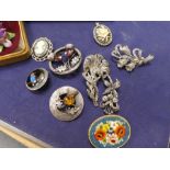 Two Scottish silver circular brooches, oriental example, etc and case set silver gilt dress studs wi