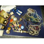 Box costume jewellery to include brooches, watch, necklaces, boxed St John Ambulance badge, etc