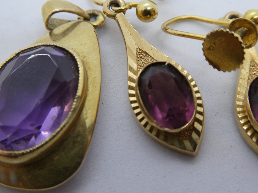 9ct amethyst set pendant and pair of 9ct clip on amethyst earrings, both marked 9ct, gross weight ap - Image 4 of 4