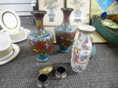 A Chinese Canton vase, a pair of Cloisonne vases, four pictures and sundry