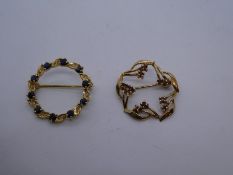 2 9ct Yellow gold brooches, one set with diamond chips and sapphires, the other with garnets both ma