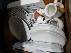 Three cartons of white china, sets of glasses and sundry