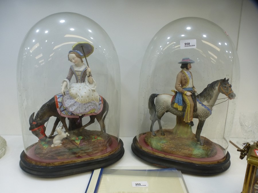 A pair of early 20th century bisque figures of Spanish rider on horse and lady on donkey, under anti - Image 8 of 10