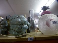 An old glass ceiling light and a Victorian oil lamp