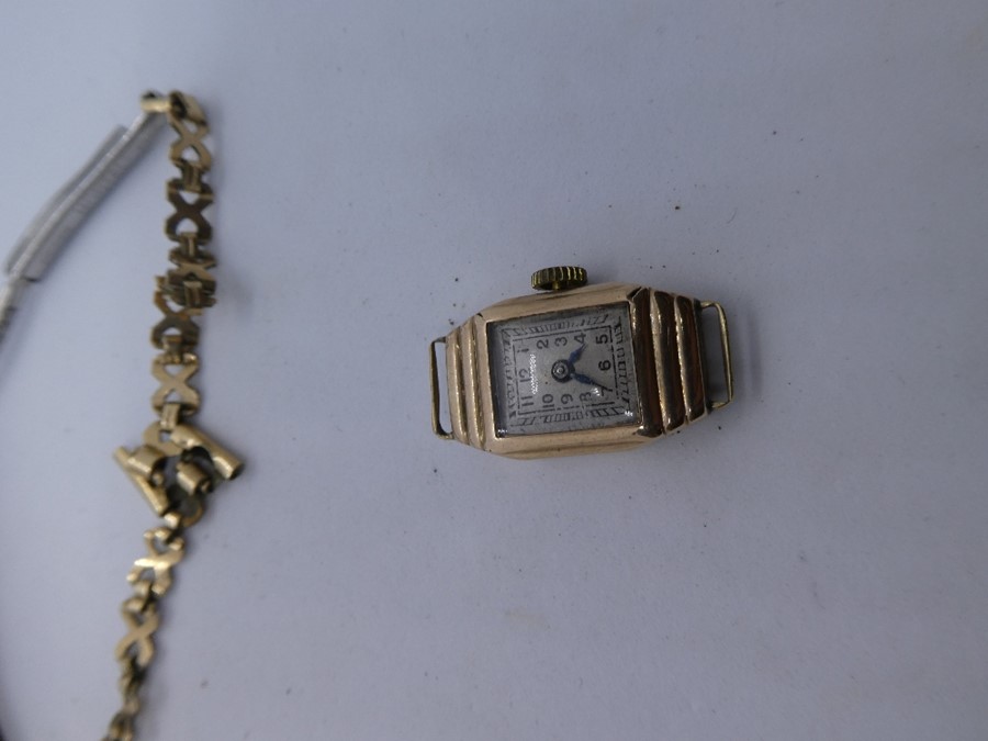 Vintage 9ct yellow gold watch marked 'LS' '375' and rolled gold strap - NOT ATTACHED - Image 7 of 7