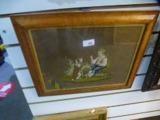 Two framed antique tapestries and one other picture
