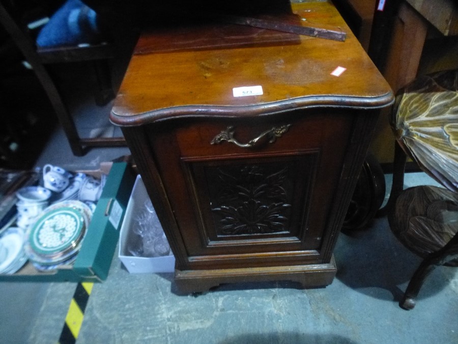 A Victorian walnut-coal purdonium, a carved table and a warming pan