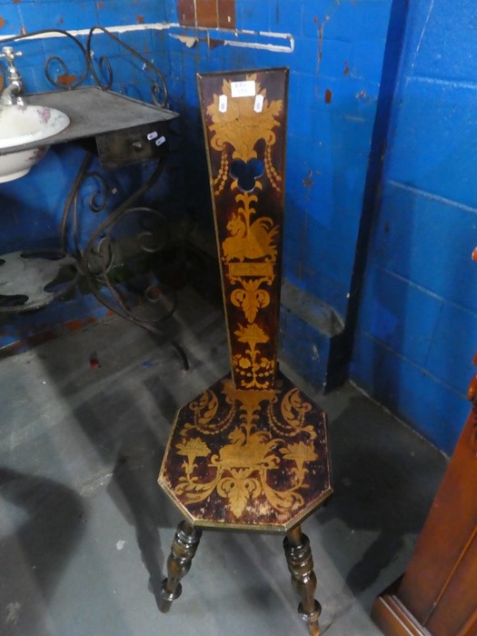 An old brass firescreen, a mahogany towel airer, a spinning chair, ewer and basin, mirror
