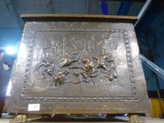Brass coal bin with decorated panels