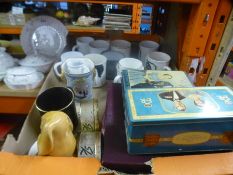 Box of vintage tins, mugs etc