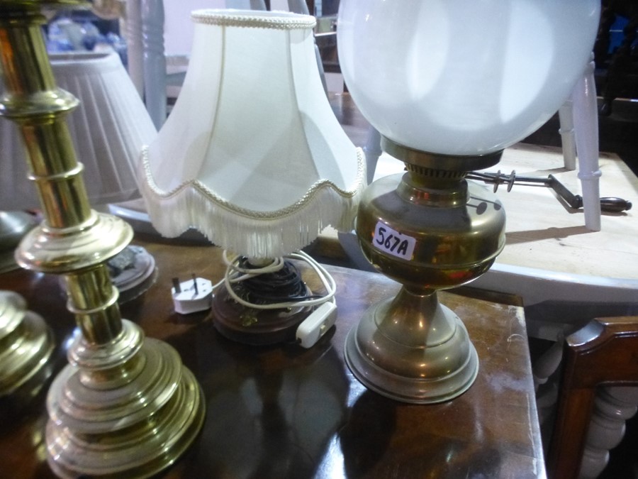 Two oil lamps with shades, two brass candlestick lamps, and two other lamps with shades. - Image 3 of 3