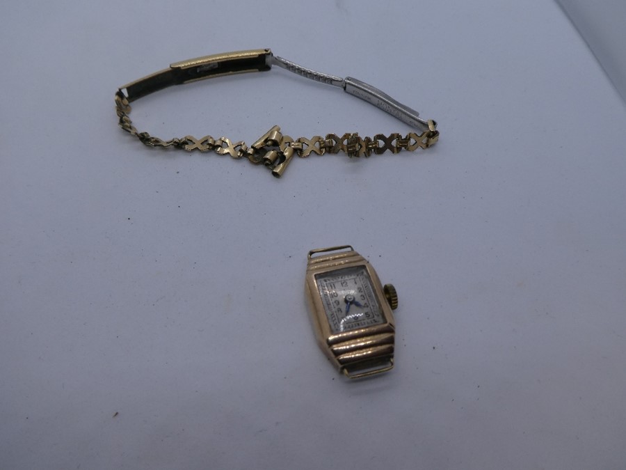 Vintage 9ct yellow gold watch marked 'LS' '375' and rolled gold strap - NOT ATTACHED - Image 5 of 7