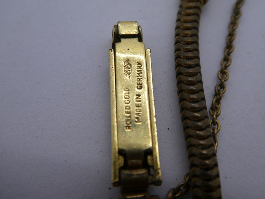 Vintage 9ct yellow gold cased 'Crusader' wristwatch, marks worn, on rolled gold strap, AF - Image 3 of 5