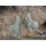 A pair of reconstituted stone pouncing lions, with ram's heads, on oblong base, 59 cms