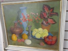 J.E Sutton, amid century still life oil of fruit and flowers, signed and dated 1956