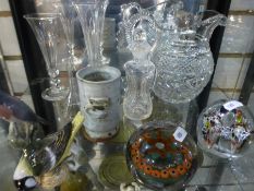 Two shelves of glassware, antique