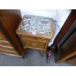 An antique mahogany torchere and a French marble top bedside cupboard