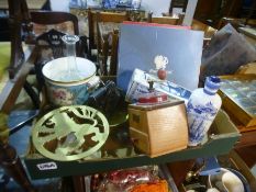 Two boxes of sundry  to include  metalware, collectors plates, a cased car set and tourist dolls