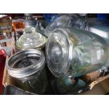 Box of kitchen items, vintage mincer, tea pots, jam jar, food dehydrator, etc