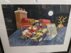 JAK a cartoon watercolour of Santa Claus laying on the roof