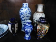 Oriental vases, brush pot, blue and white crane decorated plate etc