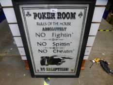 A framed poster for rules of the poker room