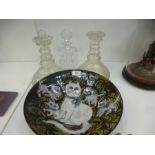A pair of cut glass ships decanters, two others and a bowl decorated with cats, signed