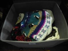 Box of vintage womens clothing incl. Frank Usher sequin top, vintage Fred Perry example and a box of