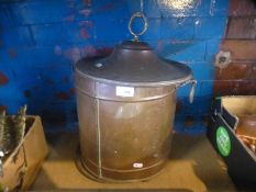 Two similar mottled glass ceiling bowls, a wooden box and a copper coal bin